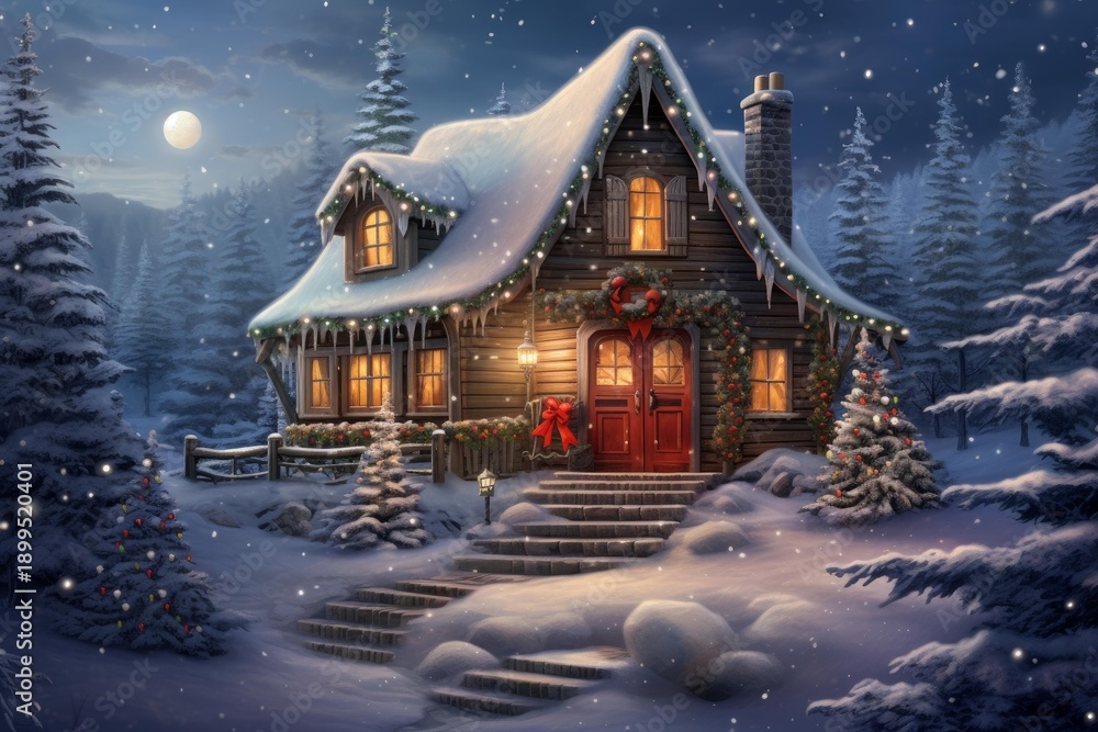 Obraz premium Cozy cabin featuring holiday decorations, glowing windows, and falling snow under a full moon