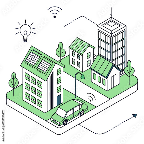 Smart city infrastructure connecting residential and commercial buildings with wireless technology