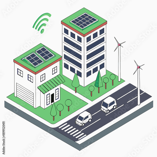 Modern apartment building utilizing solar energy and smart grid technology for sustainable living