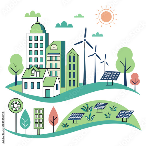 A vibrant illustration of a sustainable urban community with green energy focus