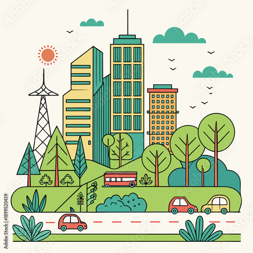 A vibrant illustration of a futuristic city with green spaces and bustling urban life