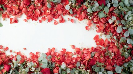 Red rose petals and eucalyptus leaves arranged on a white surface
