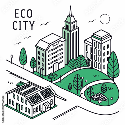 A stylized illustration of an eco-friendly urban cityscape with green spaces and sustainable buildings