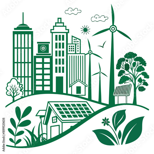 Sustainable cityscape blending urban development with renewable energy sources and green spaces