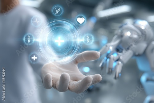 Innovative Medical Solutions: A cutting-edge robotic arm and a human hand converge, surrounded by glowing medical icons, representing a fusion of technology and human expertise.