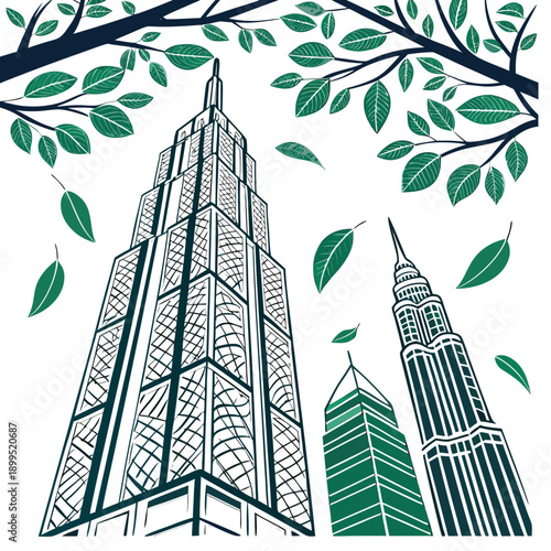 Modern skyscrapers blending with nature amidst lush green foliage.