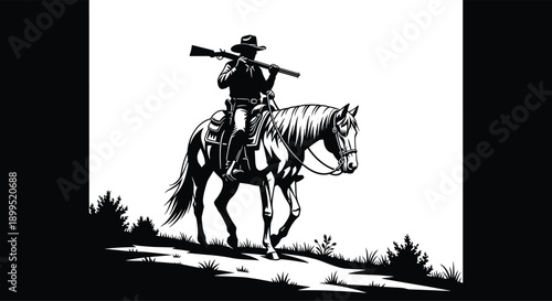 Black cowboy silhouette riding a horse with rifle, western outlaw scene vector illustration isolated on white background for history, vintage design, poster, and branding concepts