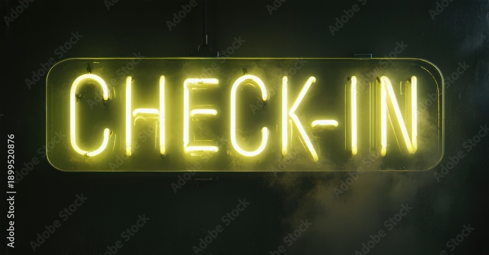 Obraz premium Bright neon sign displays checkin. Dark background emphasizes glowing yellow lettering. Simple, direct message for visitors.