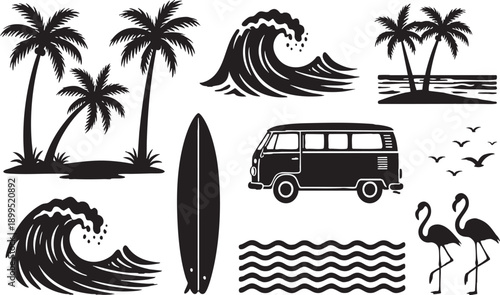 Tropical Summer Surf Vector Set Palms, Waves, Van