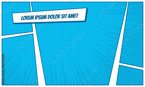 Comic pop art panel blue background template with blue halftone