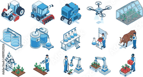 Smart agriculture isometric icons, farming machinery, drones, robotics, greenhouse, automation, iot, laboratory, livestock, sustainable food production systems, innovation, technology, set