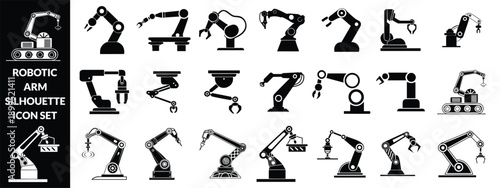 Robotic arm silhouette icon set, industrial automation, mechanical engineering, factory equipment, vector illustration, black pictogram, robotics technology graphic
