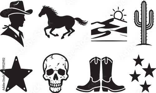 Western Cowboy Wild West Silhouette Icon Vector Set