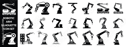 Robotic arm silhouette icon set, industrial automation, mechanical engineering, factory equipment, vector illustration, black pictogram, robotics technology graphic