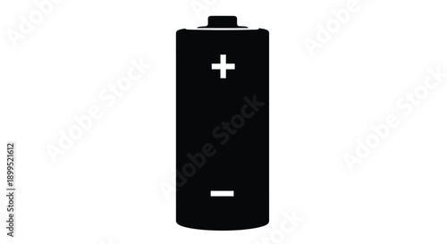 A simple black battery illustration with positive and negative signs silhouette