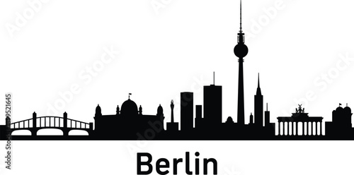 Detailed black silhouette of the Berlin skyline showcasing key architectural landmarks including the Brandenburg Gate and Fernsehturm on a white backdrop