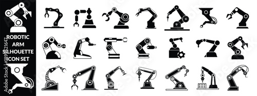 Robotic arm silhouette icon set, industrial automation, mechanical engineering, factory equipment, vector illustration, black pictogram, robotics technology graphic