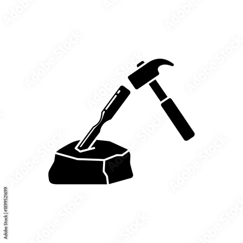 Solid black silhouette vector icon of sculpture tools (hammer, chisel, stone block), clean scalable vector