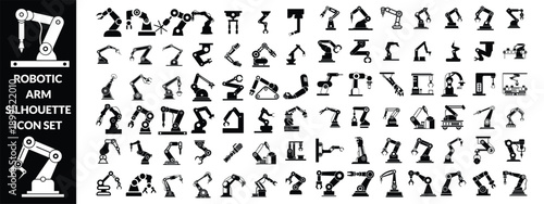 Robotic arm silhouette icon set, industrial automation, mechanical engineering, factory equipment, vector illustration, black pictogram, robotics technology graphic