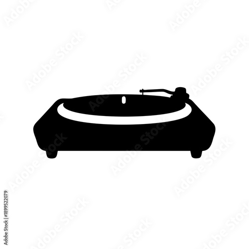 Stylized black and white illustration of a retro turntable record player
