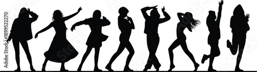 Dynamic black silhouettes of women in fashionable and expressive poses, conveying a sense of modern style and confident movement on white