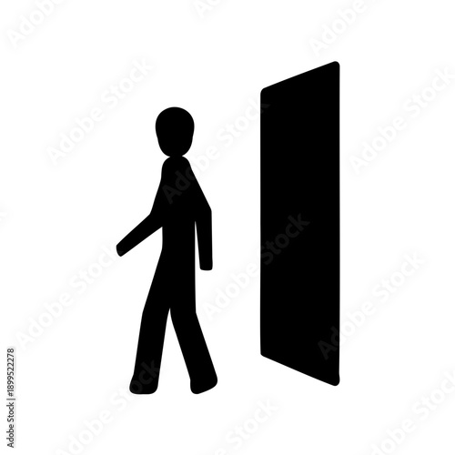 Black silhouette of a person walking through a doorway against white