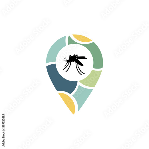 Flat illustration vector icon of a location pin with mosquito inside, malaria affected area concept