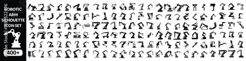 Robotic arm silhouette icon set, industrial automation, mechanical engineering, factory equipment, vector illustration, black pictogram, robotics technology graphic