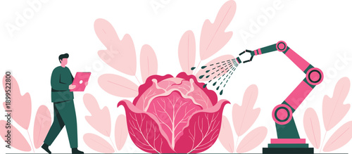 Smart farming automation with robotic irrigation arm watering cabbage, farmer using tablet, sustainable agriculture technology, digital crop management, flat vector illustration