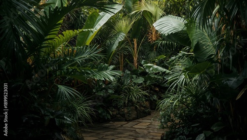 Lush Green Foliage Lines a Pathway in a Tropical Garden During Daytime