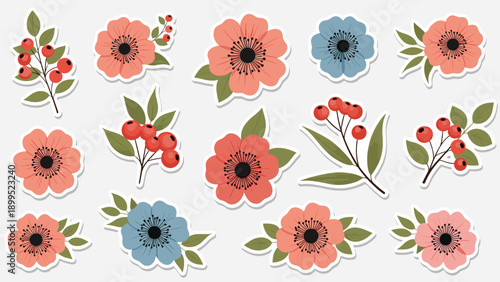 Sheet of beautiful floral stickers featuring pink and blue flowers with green leaves and red berry branches.