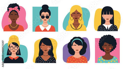 Diverse collection of eight female avatars in different styles hairstyles and accessories for social profiles.
