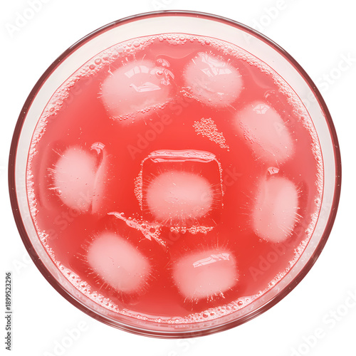Top View of Cold Pink Lemonade with Ice Cubes, Background Removal PNG with Alpha Channel