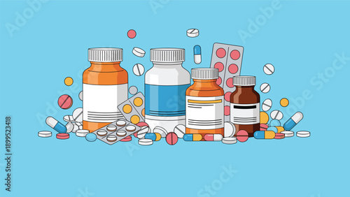 Assortment of medicine bottles, prescription pills, capsules, and blister packs are scattered across a vibrant blue background.