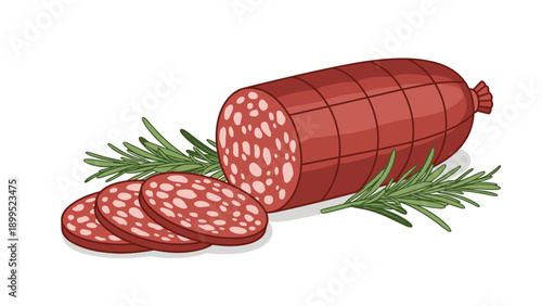 Slices of traditional salami sausage are arranged on a white surface next to fresh aromatic rosemary sprigs and a full sausage roll.