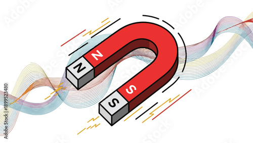 Red horseshoe magnet attracts colorful abstract magnetic field lines and sparks in a dynamic scientific concept illustration.