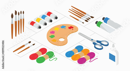 Isometric collection of diverse art and craft supplies paint brushes palette yarn scissors glue creative hobby