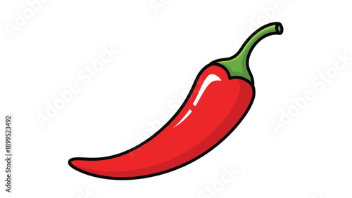 Vibrant red chili pepper with a green stem is shown in a clean graphic style, representing spicy heat and flavorful ingredients.