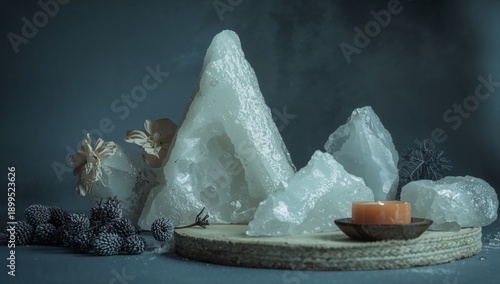 Collection of Large White Crystals on a Round Wooden Tray With a Candle and D...