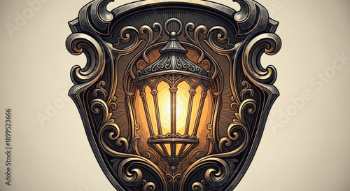 Vintage Ornate Wall Lamp with Illuminated Glass Shade, Close-up, Isolated on Beige Background