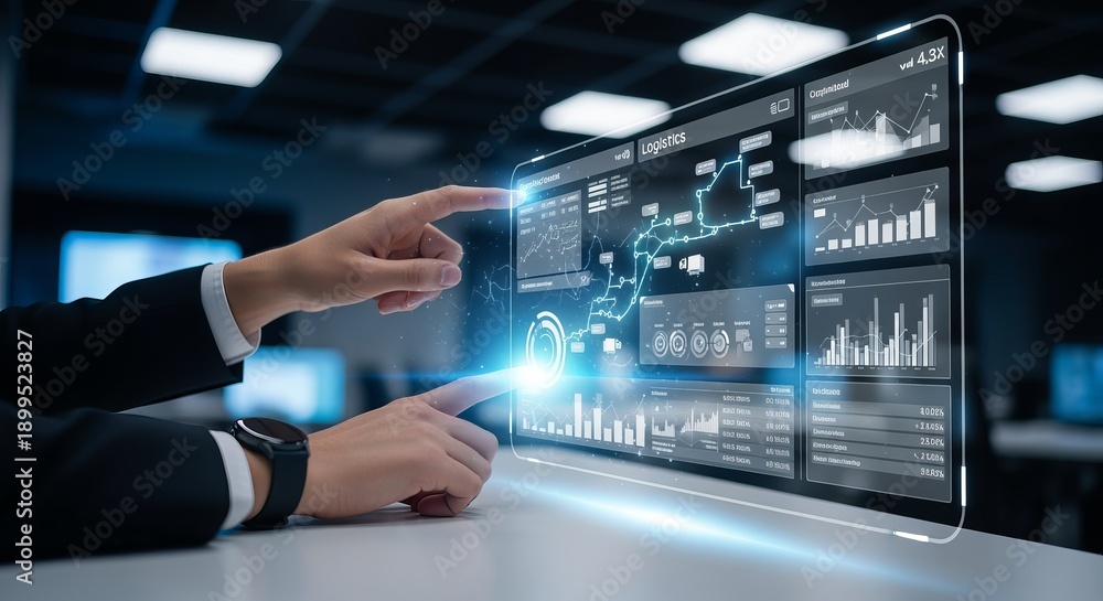 Fototapeta premium Man Analyzing Complex Logistics Data on a Digital Display in a Modern Warehouse Environment.