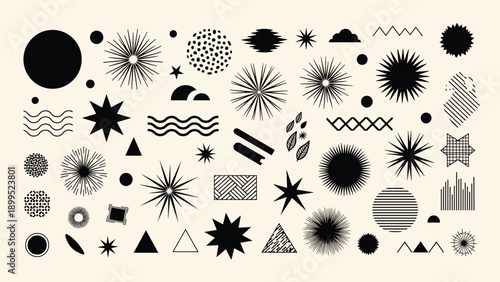 Extensive collection of black abstract symbols, geometric shapes, hand drawn marks, and celestial icons on a cream background.