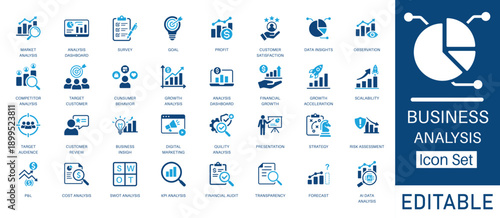 Business Analysis and Data Insights solid icon set. Includes symbols for Market Research, Growth Strategy, Profit Analysis, and KPI. Solid vector icons for corporate strategy.