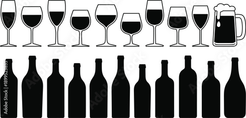 Group of filled wine glasses and a beer mug with a selection of black bottle silhouettes arranged on a white background