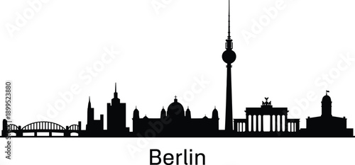 Iconic black silhouette skyline of Berlin Germany featuring the Brandenburg Gate Fernsehturm and other prominent landmarks against a white background