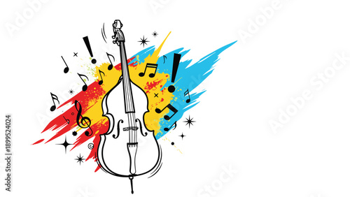 Stylized illustration of a double bass is surrounded by vibrant paint splashes, musical notes, and decorative sparkles.