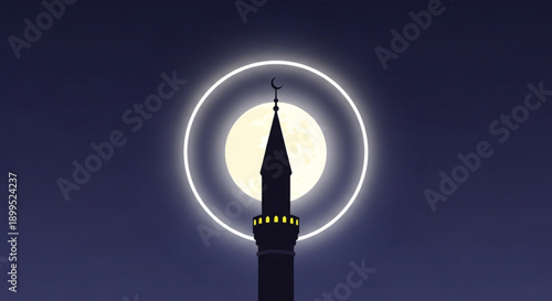 Mosque Minaret Silhouette against Full Moon at Night