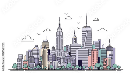 Detailed city skyline illustration featuring famous landmarks like the Empire State Building with line art style trees and clouds.