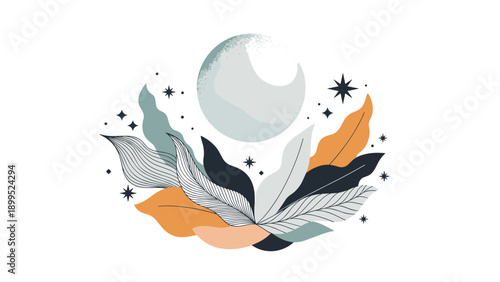 Bohemian style crescent moon illustration surrounded by artistic leaves and twinkling stars in a serene and earthy color palette.