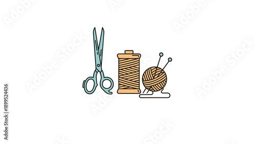 Craft sewing kit elements including metal scissors a spool of brown thread and a ball of yarn with knitting needles on white.